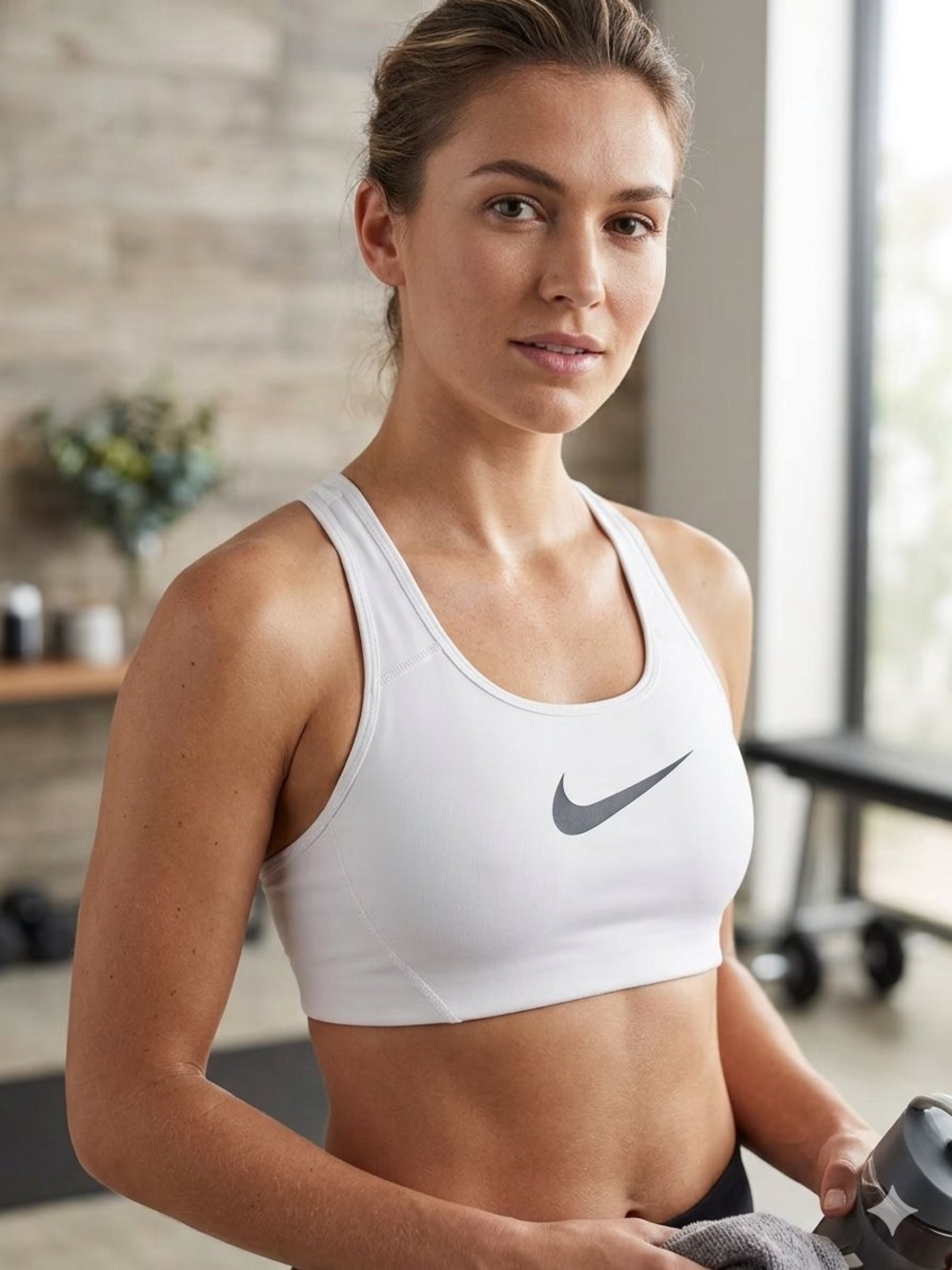 Nike White Racerback Sports Bra with Grey Swoosh Logo